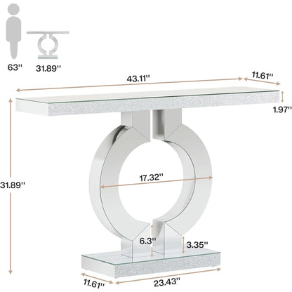Mirrored Console Table with O-Shaped Base, Rectangle Accent Table