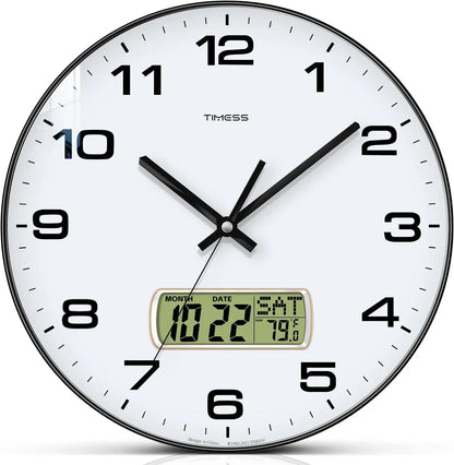 10"/12"/14" Wall Clock, 4 Color Options, Calendar and Temperature