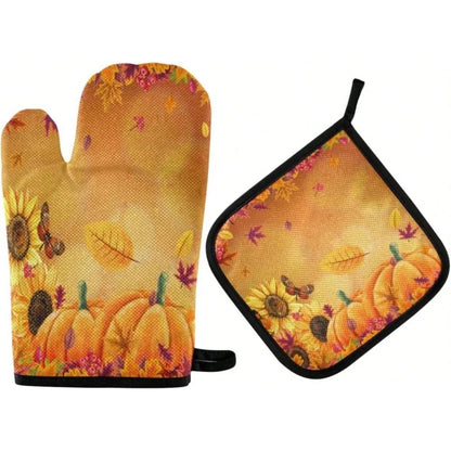 Pumpkin Fall Thanksgiving Oven Mitts and Pot Holders Set