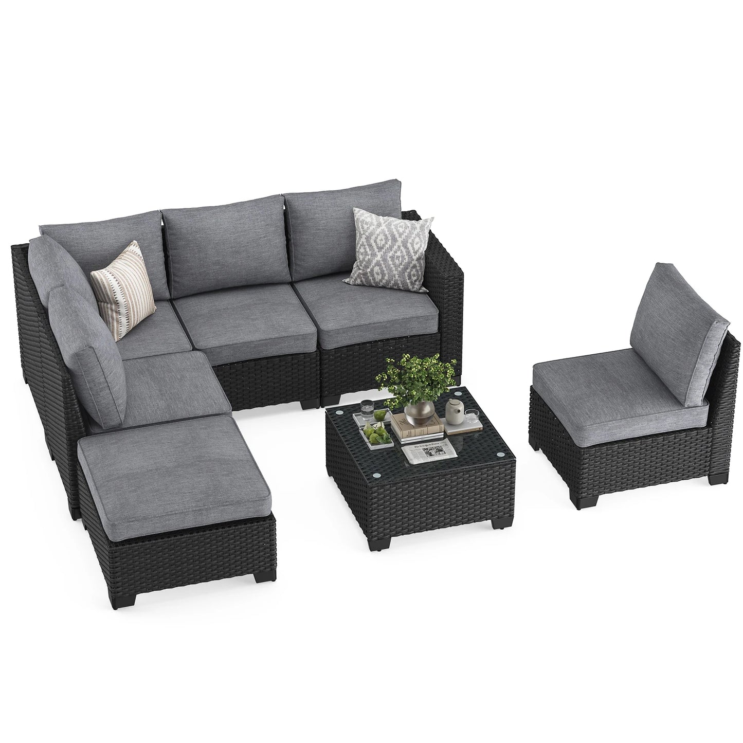 Patio Sectional Sofa Set w/Ottoman, Water/Oil/Stain-Resistant Fabric