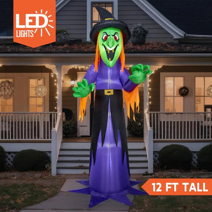 12' Tall Witch Halloween Inflatable Outdoor Decorations with Built-in LED Lights