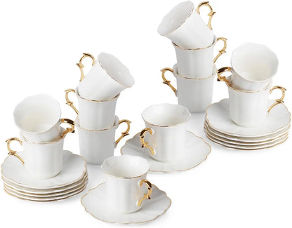 12pc Gold Rim Espresso Cup Set with Saucers, 3 oz Demitasse Cups