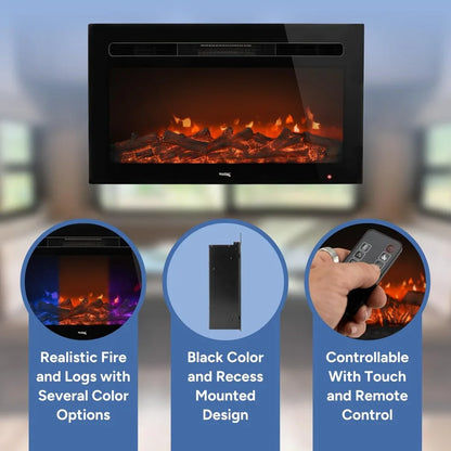 Electric Fireplace, Remote, 4 Flame Settings - Adjustable Heat 68°F-82°F