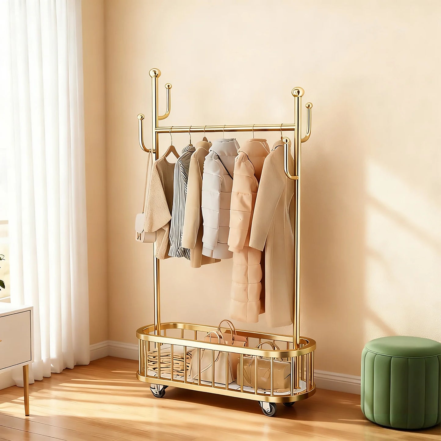 Movable Clothes Rail, Hanging Coat Rack with Storage Basket