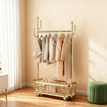Movable Clothes Rail, Hanging Coat Rack with Storage Basket