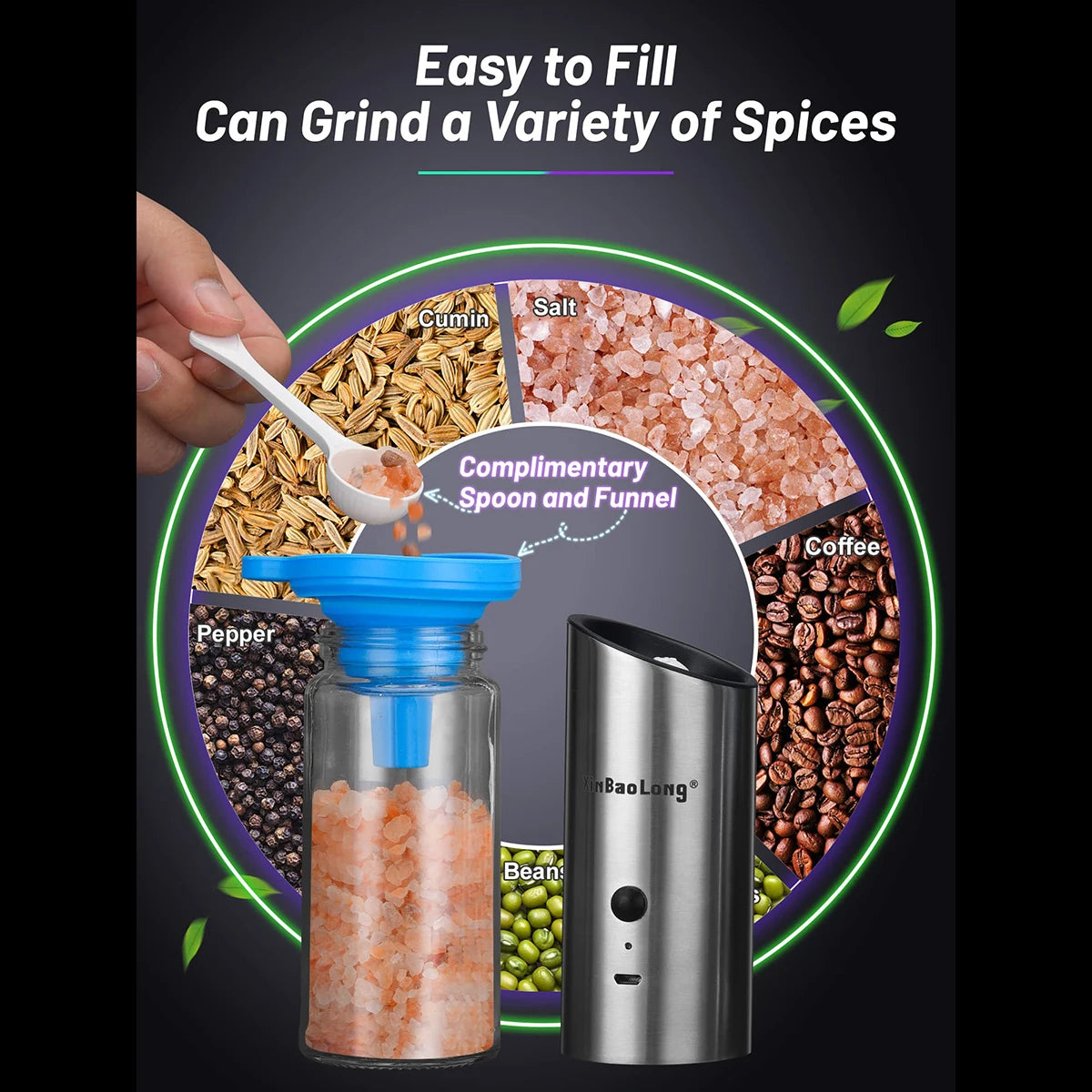 Electric Salt and Pepper Grinder Set, USB Rechargeable