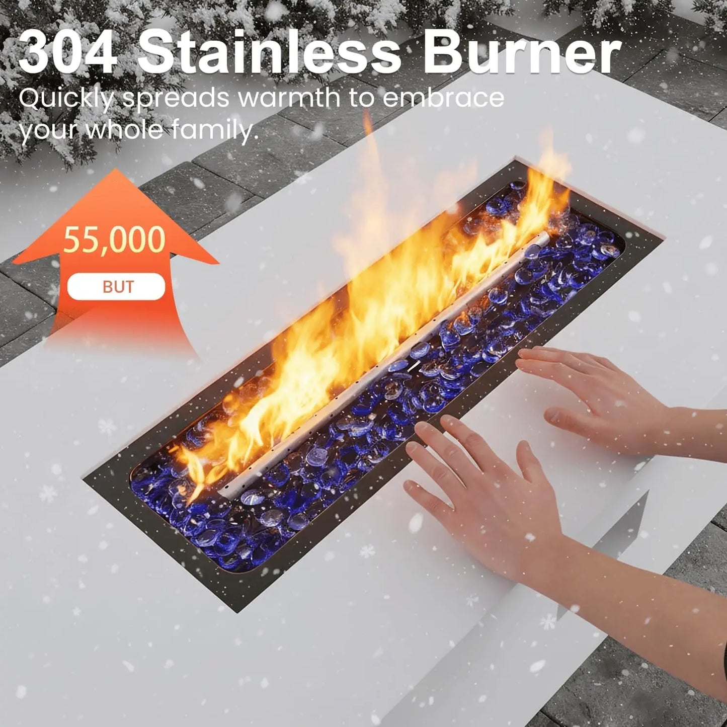 Rectangle 42" Propane Firepit Table w/Tank Holder, Wind Guard, Lid, Glass Stones and Cover