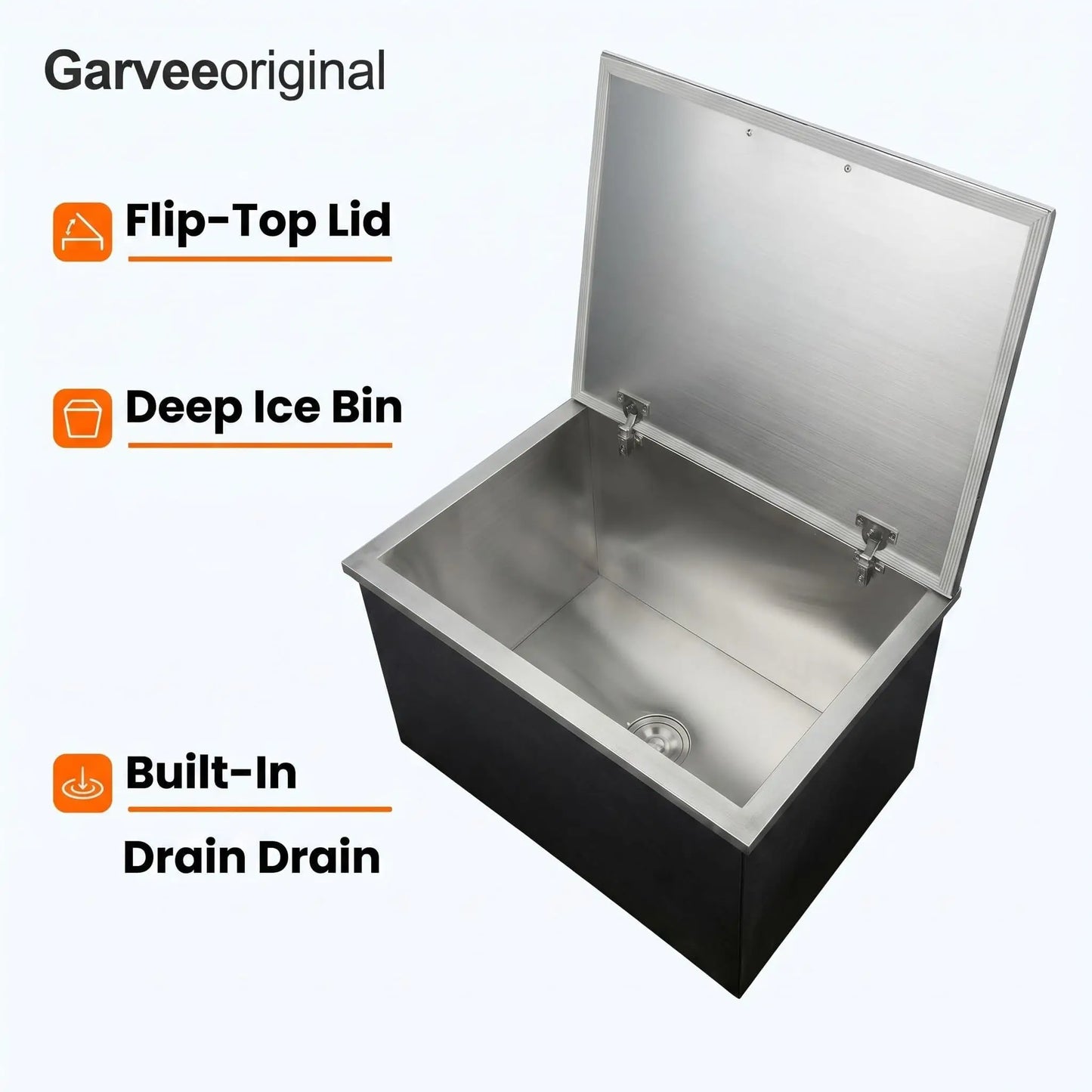 Large 45qt Capacity Stainless Steel Drop-in Ice Bin w/Lid & Drainpipe