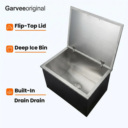 Large 45qt Capacity Stainless Steel Drop-in Ice Bin w/Lid & Drainpipe
