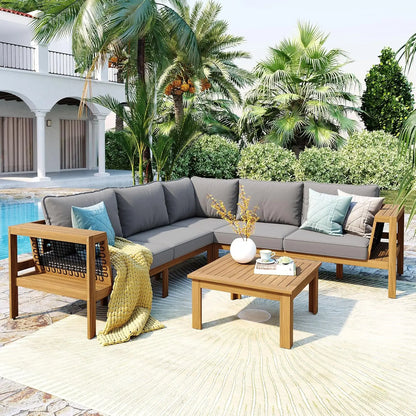 4 pc Acacia Wood Outdoor Sectional Slatted Sofa Set w/Cushions