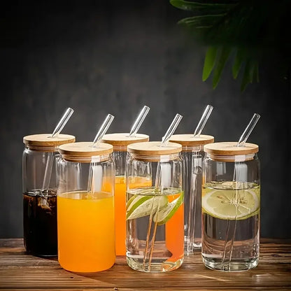 6pcs 18.6oz/550ml Drinking Glasses, Bamboo Lids, Glass Straw