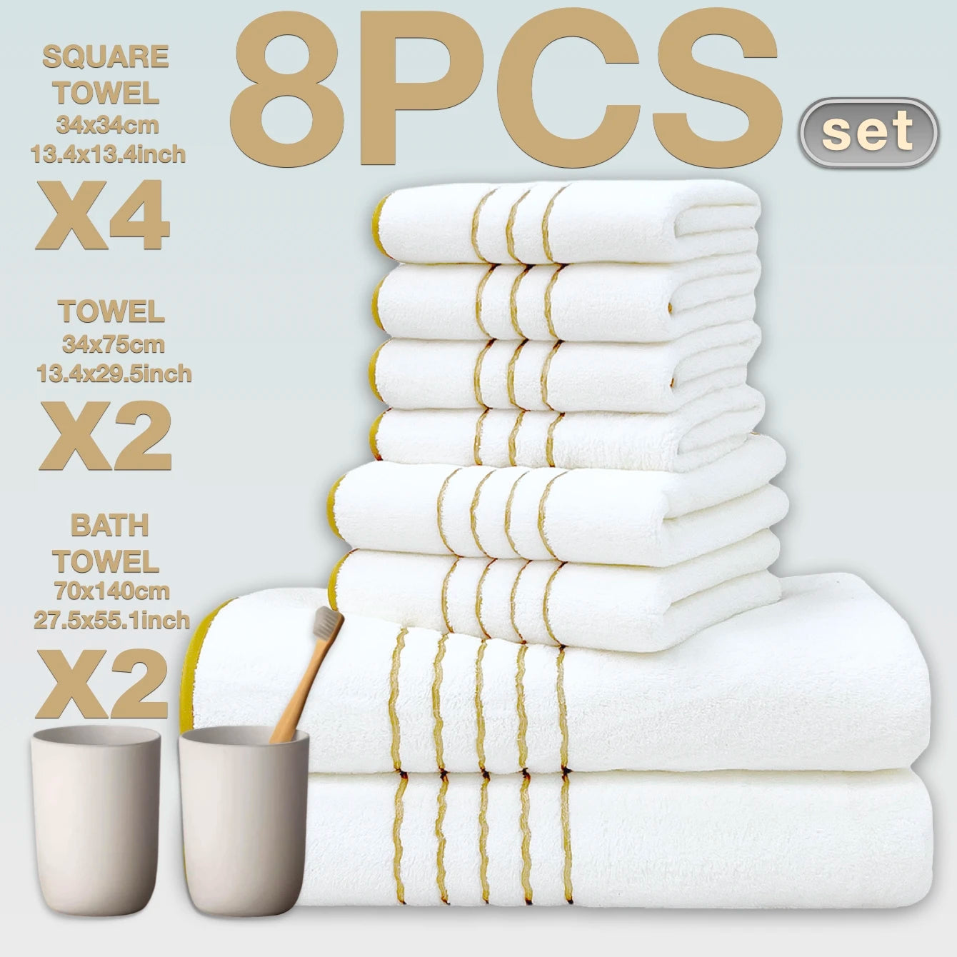2/3/6/8 Pcs Bath Towel Set White & Gray with Gold Accents