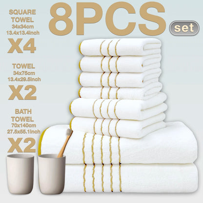 2/3/6/8 Pcs Bath Towel Set White & Gray with Gold Accents