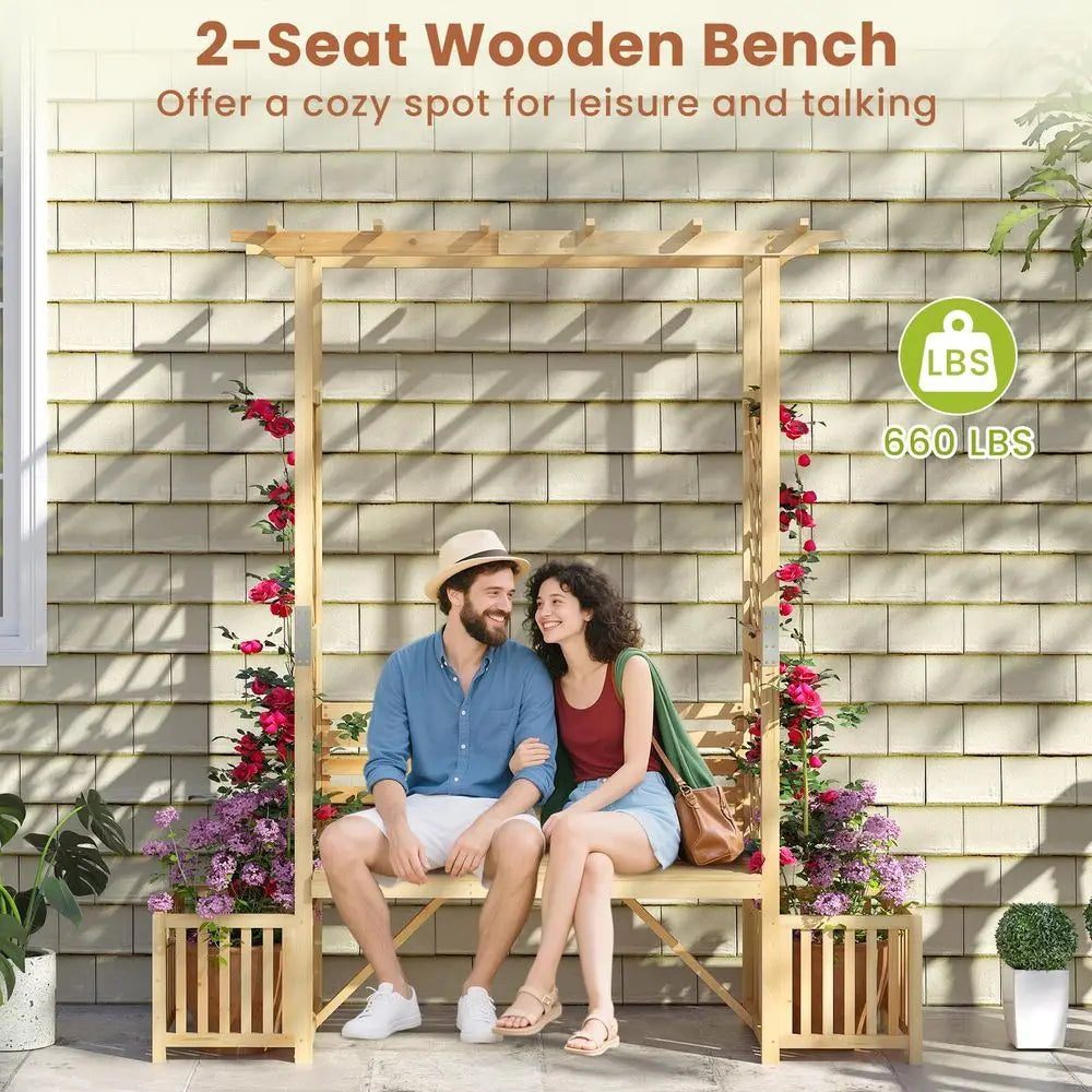 Wooden Outdoor Bench w/Pergola, Planting Box, Side Trellis