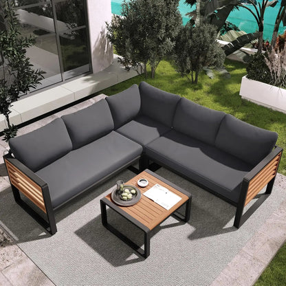 4 pc Acacia Wood Outdoor Sectional Slatted Sofa Set w/Cushions