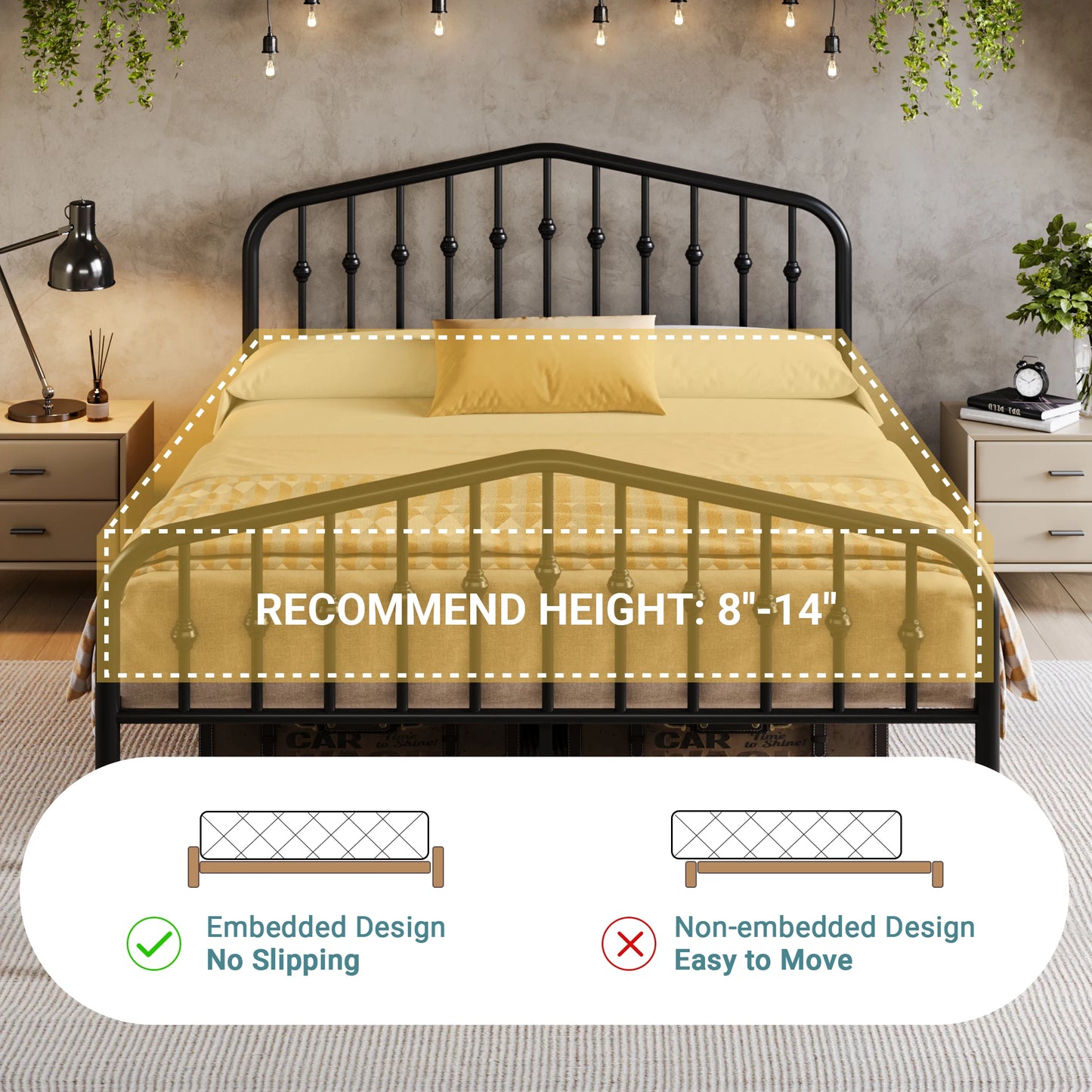 14'' Wrought Iron Bed Frame, Victorian Headboard & Footboard,