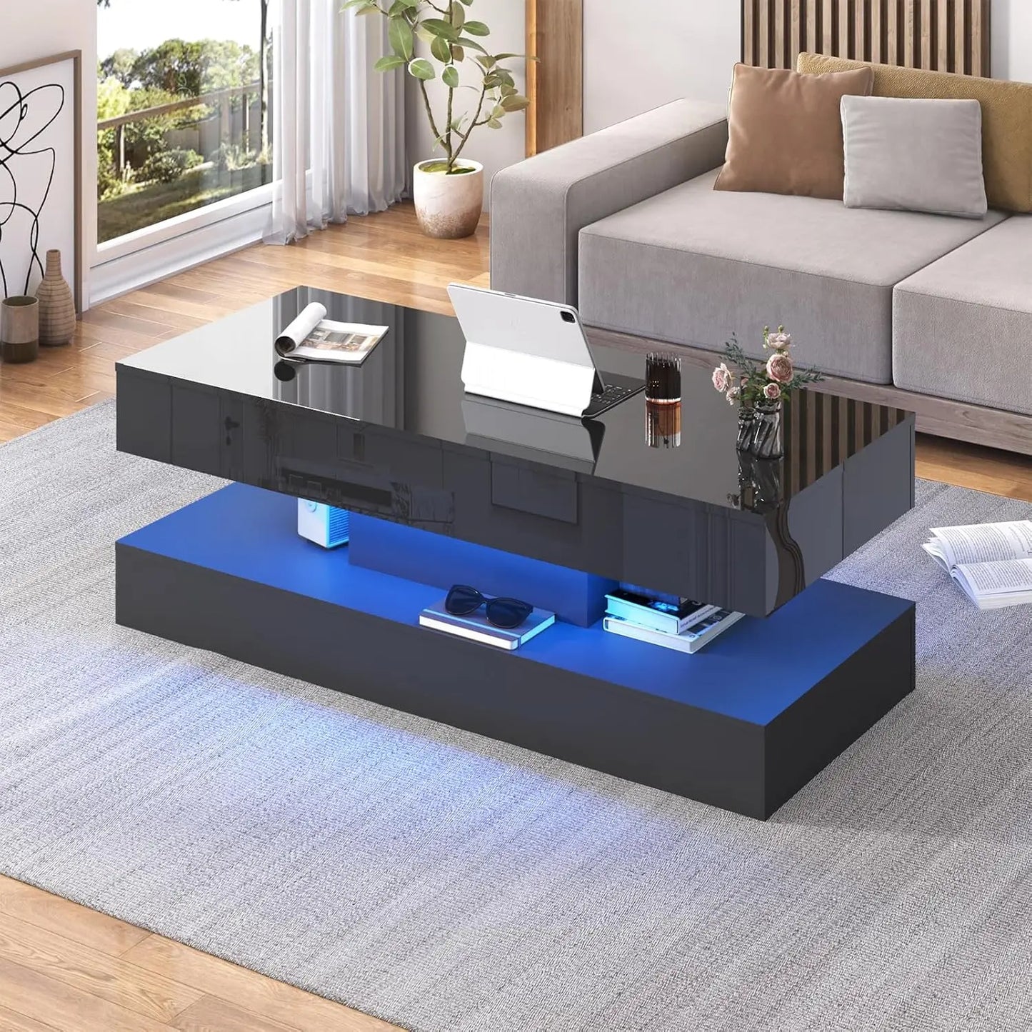 Double-Layer Stylish Coffee Table w/LED Lights