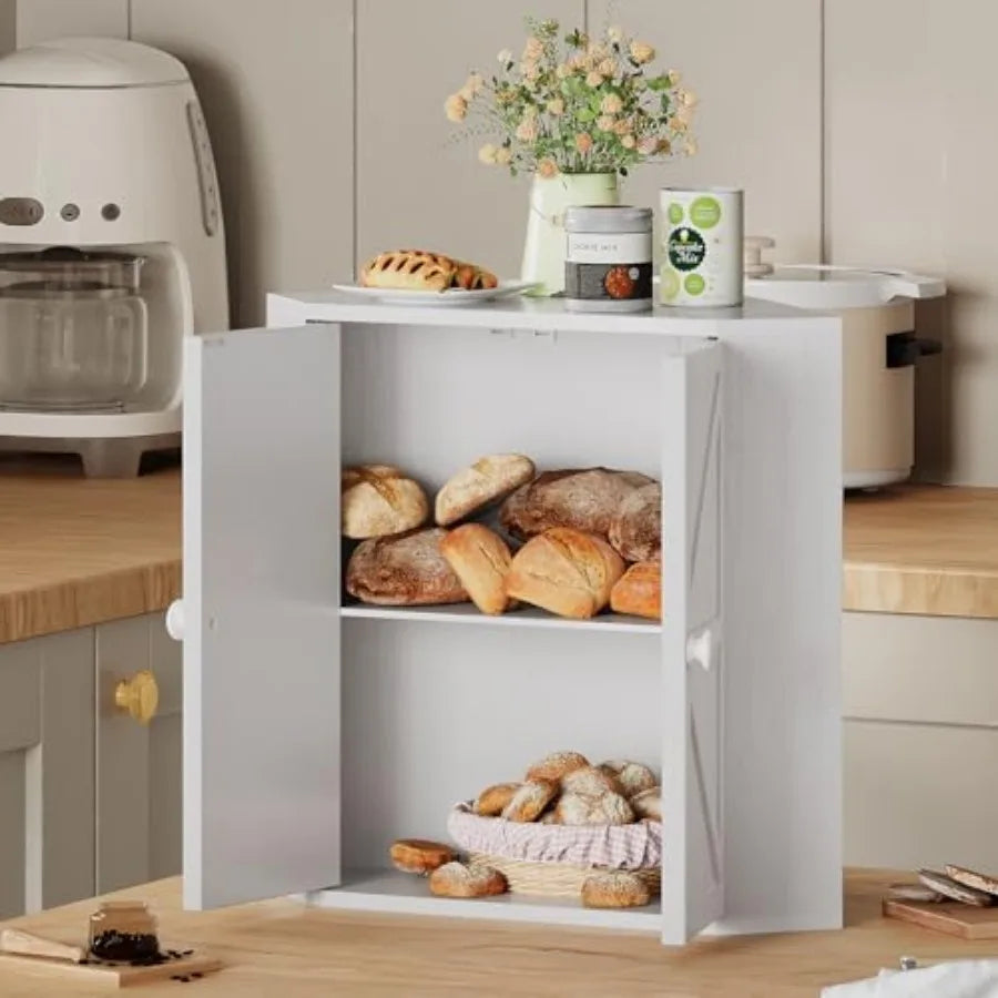 2 Tier Bamboo Corner Bread Box for Kitchen Counter