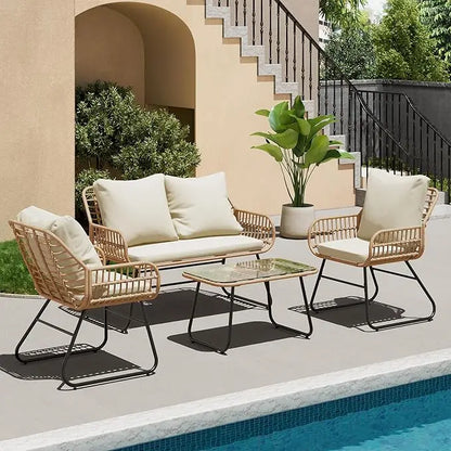 4pc Wicker Outdoor Furniture Set w/Cushions & Tempered Glass Table