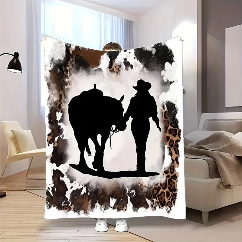 Rustic Cow Print Flannel Throw Blanket, Soft Fleece