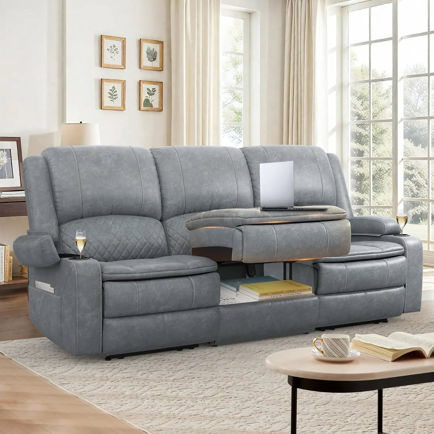 PU Leather Recliner Sofa w/Console, Cup Holders, USB Ports,
