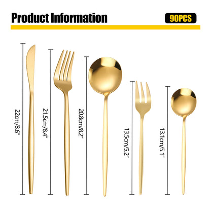 90pc Gold 420 Stainless Steel Silverware - Heavy Duty Cutlery