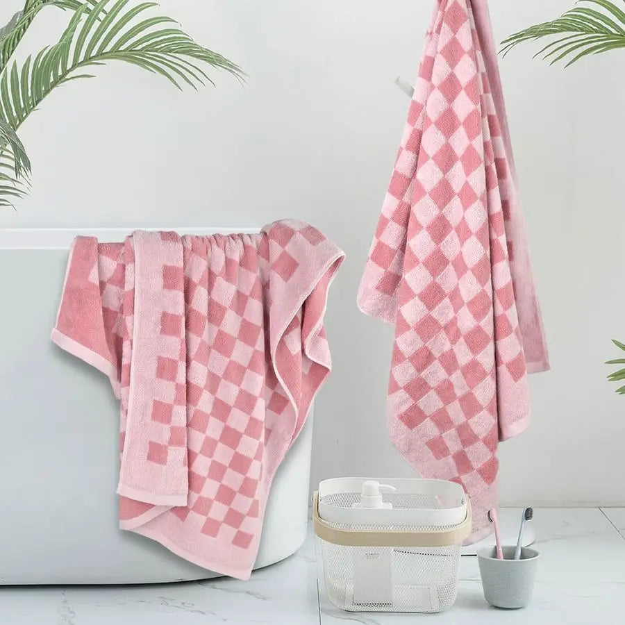 (2) 27"x55" Pink Checkered Soft Towels for Bathroom, Beach, Pool