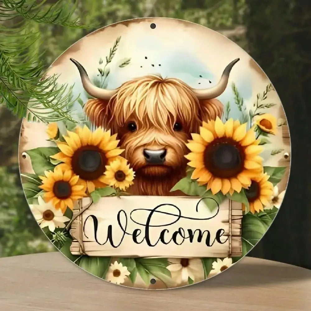 Vintage Metal Highland Cow Welcome Sign, 8x8