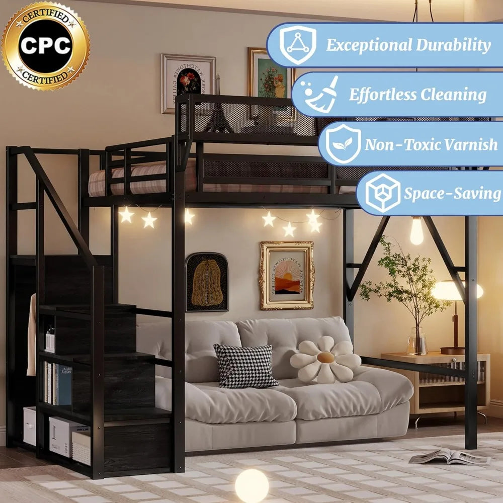 Full Size Metal Loft Bed with Stairs, Storage Shelves