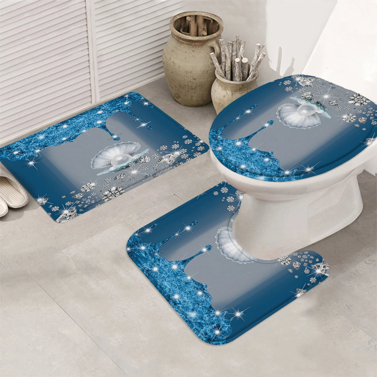 4pc Blue Pearl Diamond Shower Curtain Set with Hooks