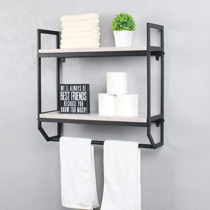2-Tier Rustic White Metal Wall Towel Rack, Shelf, 23.6"