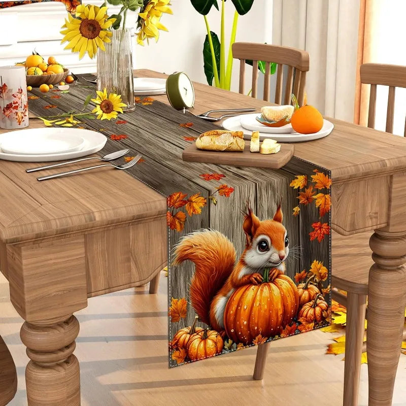 13"x90"Fall Harvest Pumpkin Squirrel Thanksgiving Day Table Runner with Maple Leaves