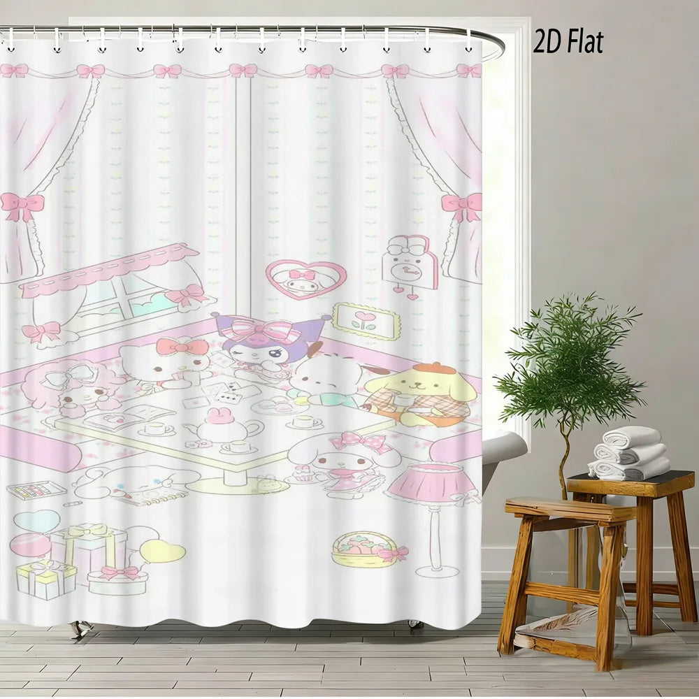Hello Kitty Pattern Shower Curtain with 12 Hooks