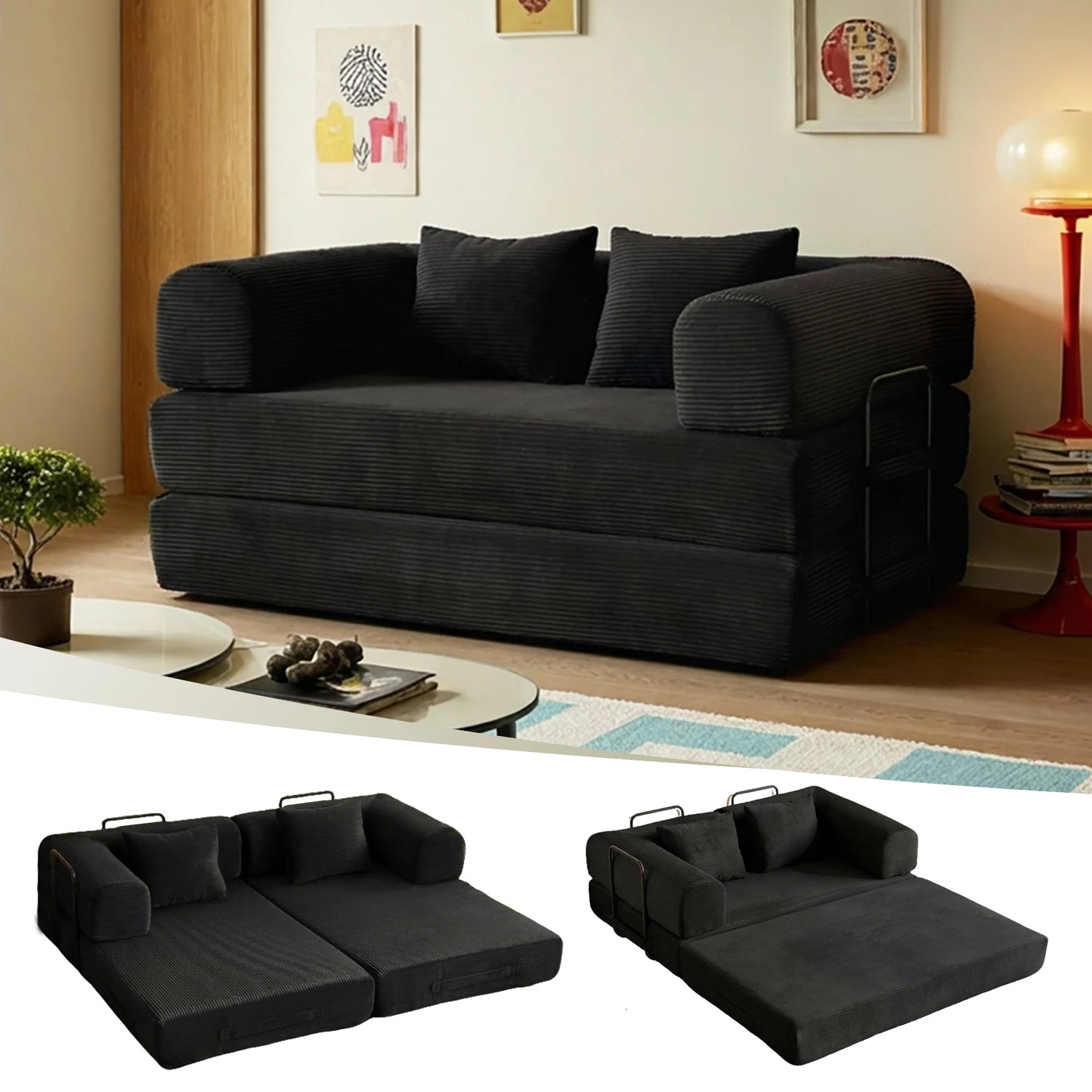 59" 4:1 Boneless Convertible Floor Sofa, High-Density Sponge & Corduroy Fabric