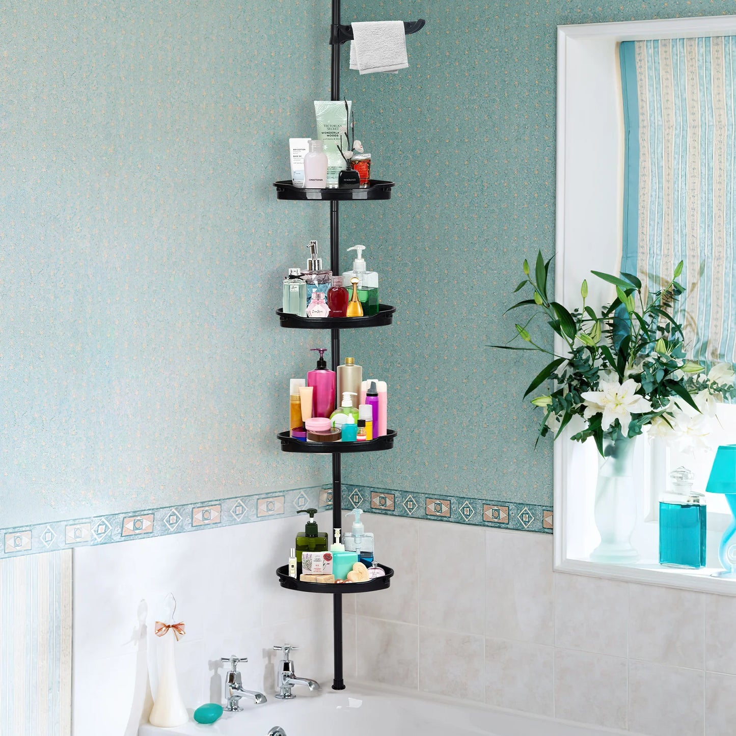122" Adjustable Corner Shower Caddy with Tension Pole, 4-Tier