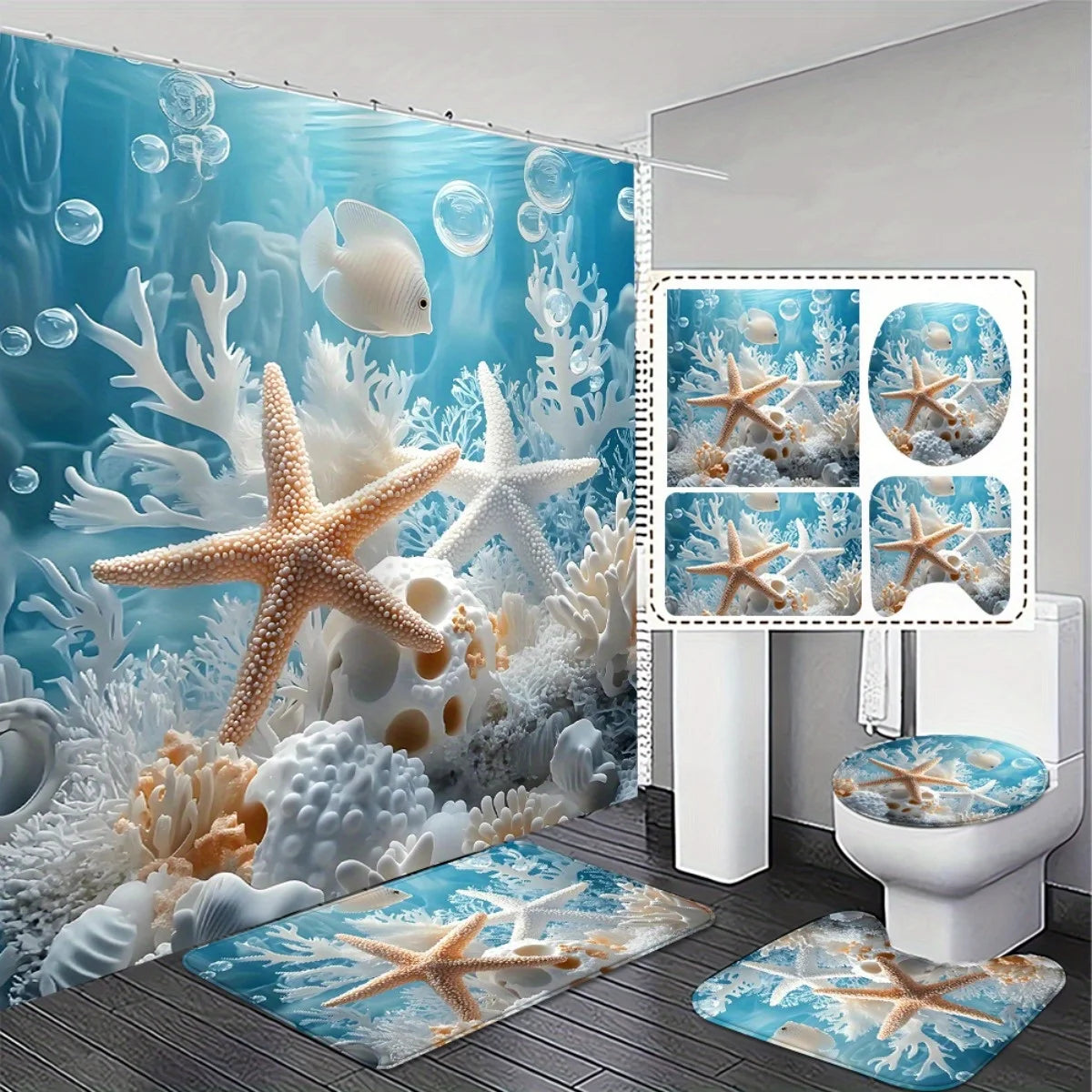 Ocean Theme 2D Flat Shower Curtain, Bathroom Set, Non Slip