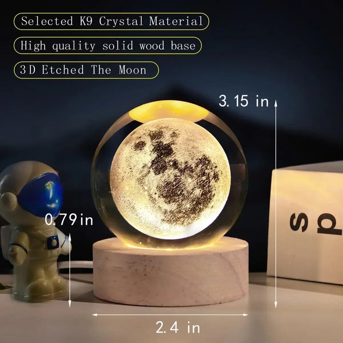 3D Moon Crystal Ball with LED Stand, Moon Glass Sphere Lamp, Space Planet Globe