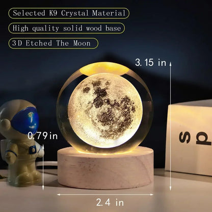 3D Moon Crystal Ball with LED Stand, Moon Glass Sphere Lamp, Space Planet Globe