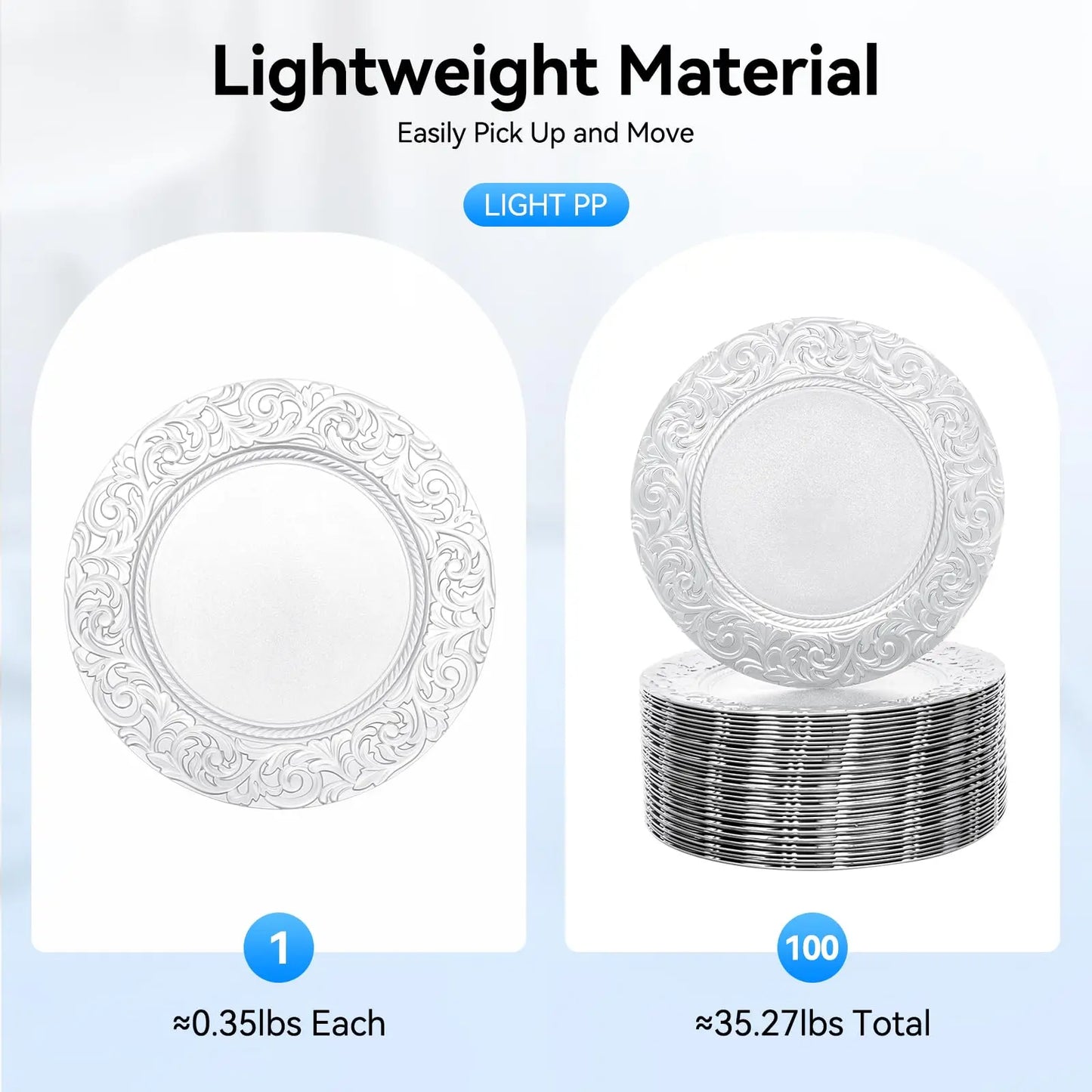 100 Pcs Silver Charger Plates Bulk, Reusable, 13" Round
