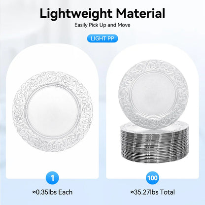 100 Pcs Silver Charger Plates Bulk, Reusable, 13" Round