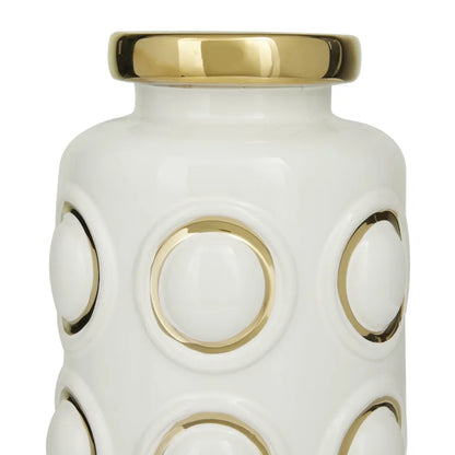 12" White Ceramic Vase with Gold Circle Accents