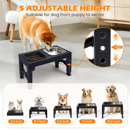 2:1 Adjustable Pet Feeder Bowls, Non-Slip, Stainless Steel, Plastic