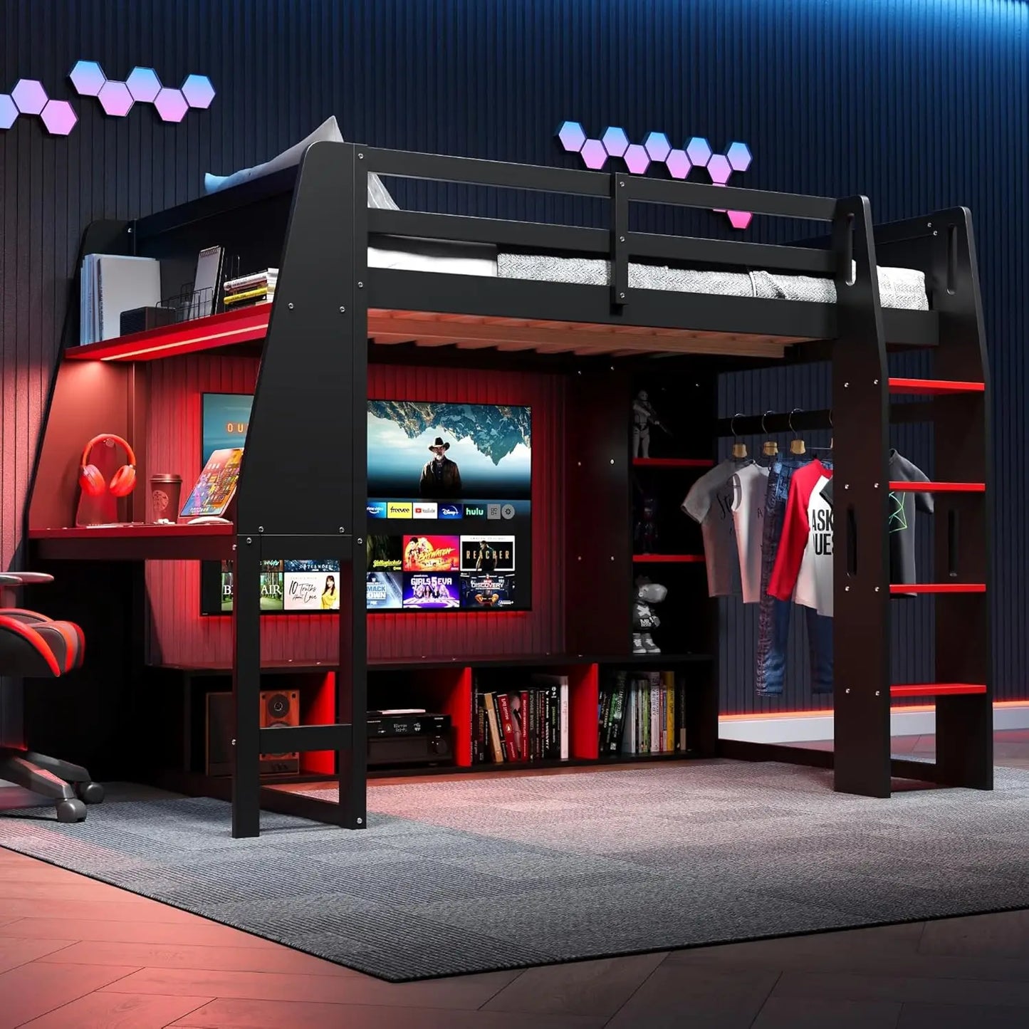 Full Wood Gaming Loft, Bed, Desk, Storage Shelves, LED, Charging