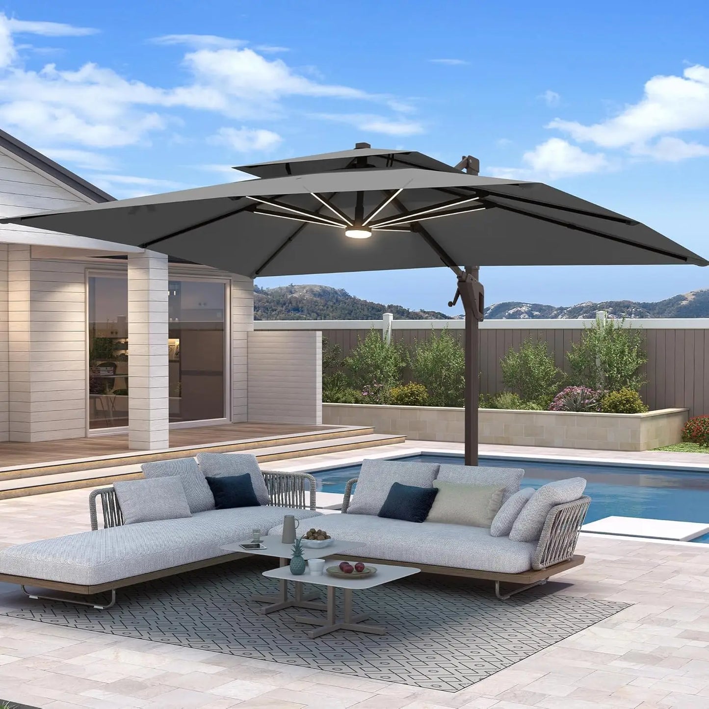 10'x13' Cantilever Patio Umbrella w/Led Lights, Heavy Duty