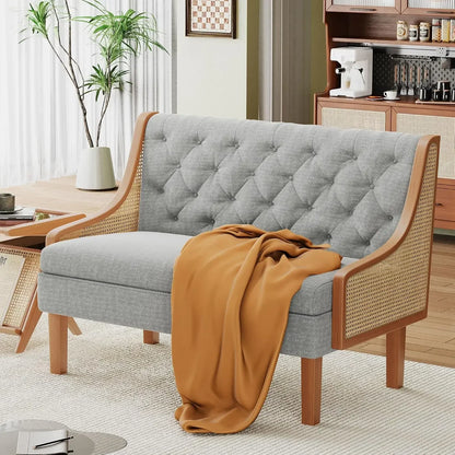 Modern Upholstered Loveseat with Natural Rattan Arms