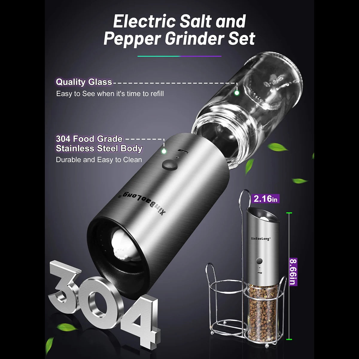 Electric Salt and Pepper Grinder Set, USB Rechargeable