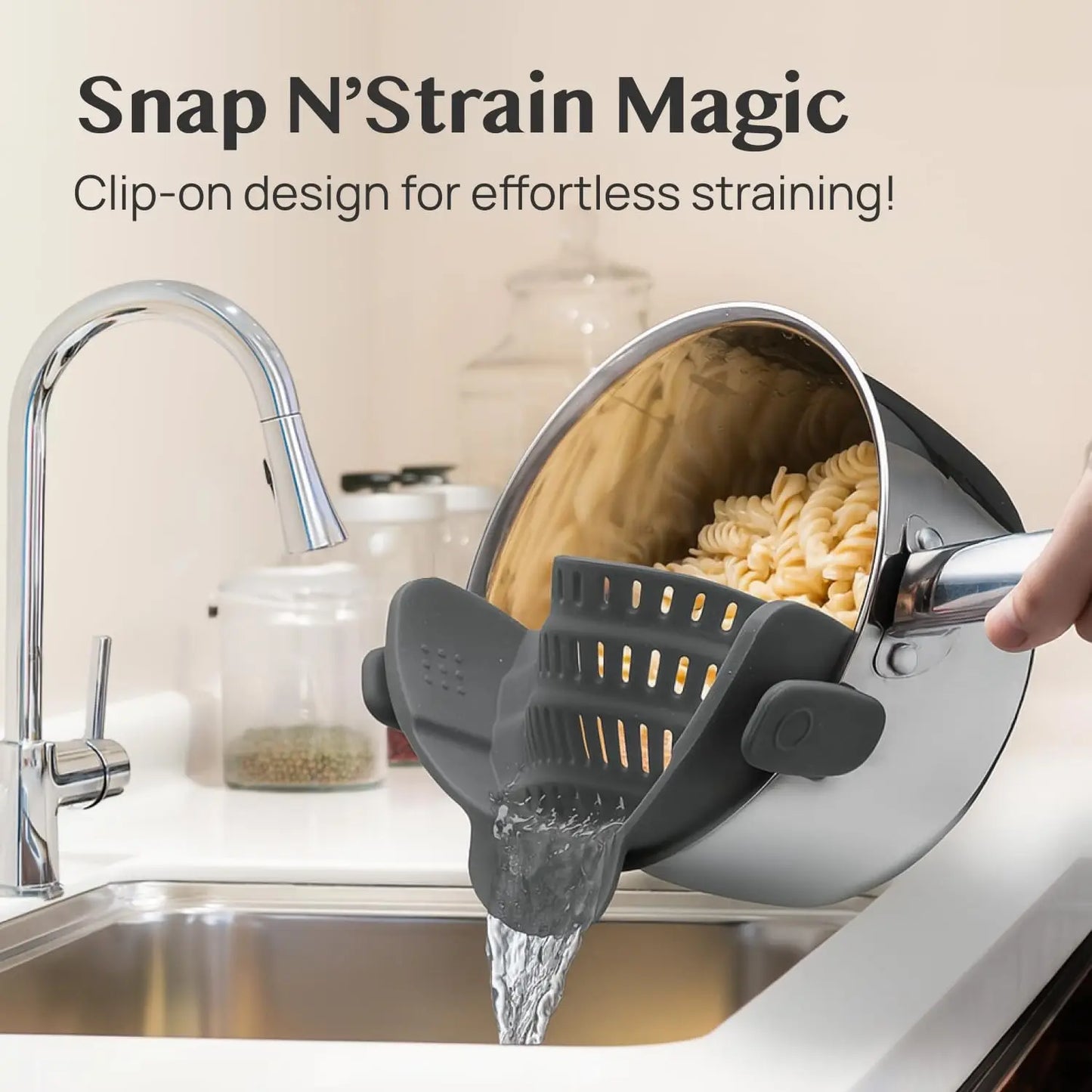 Snap N' Strain, Silicone Pasta Strainer Clip-On for Pots and Pans - Heat Resistant Colander