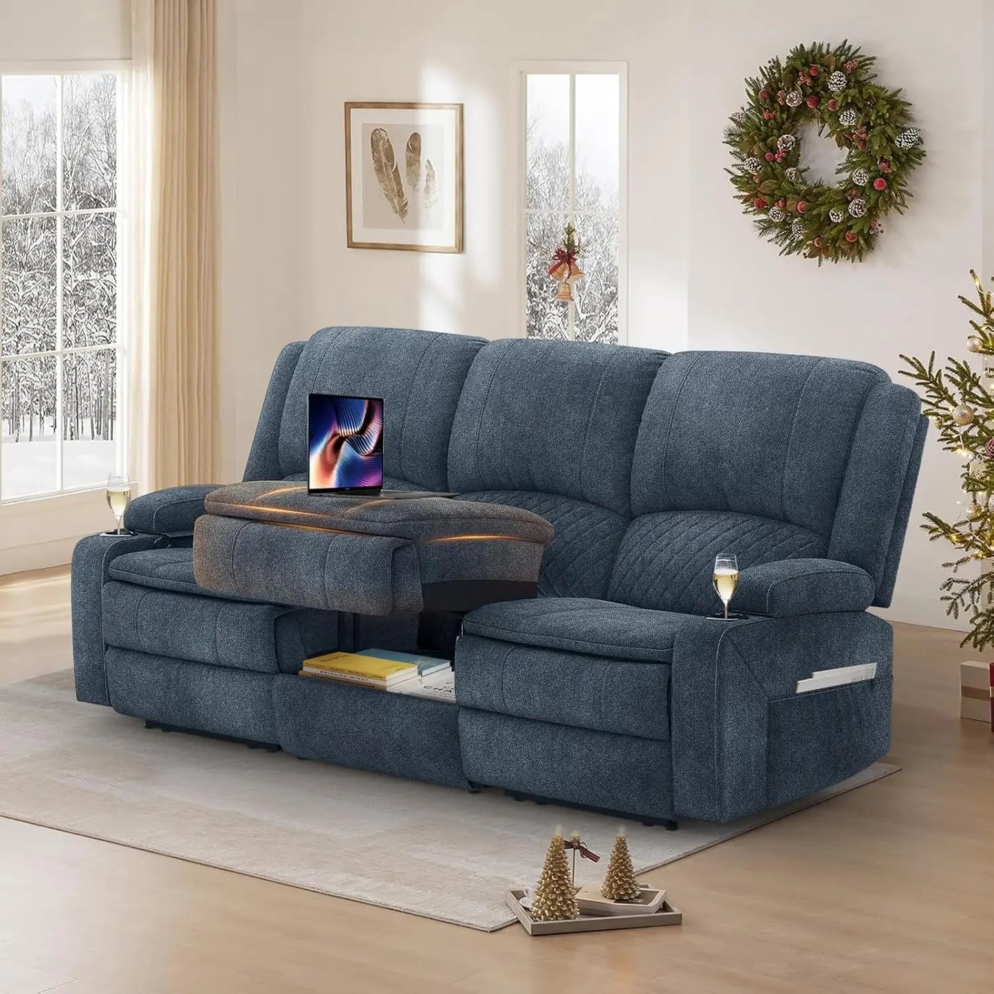 PU Leather Recliner Sofa w/Console, Cup Holders, USB Ports,