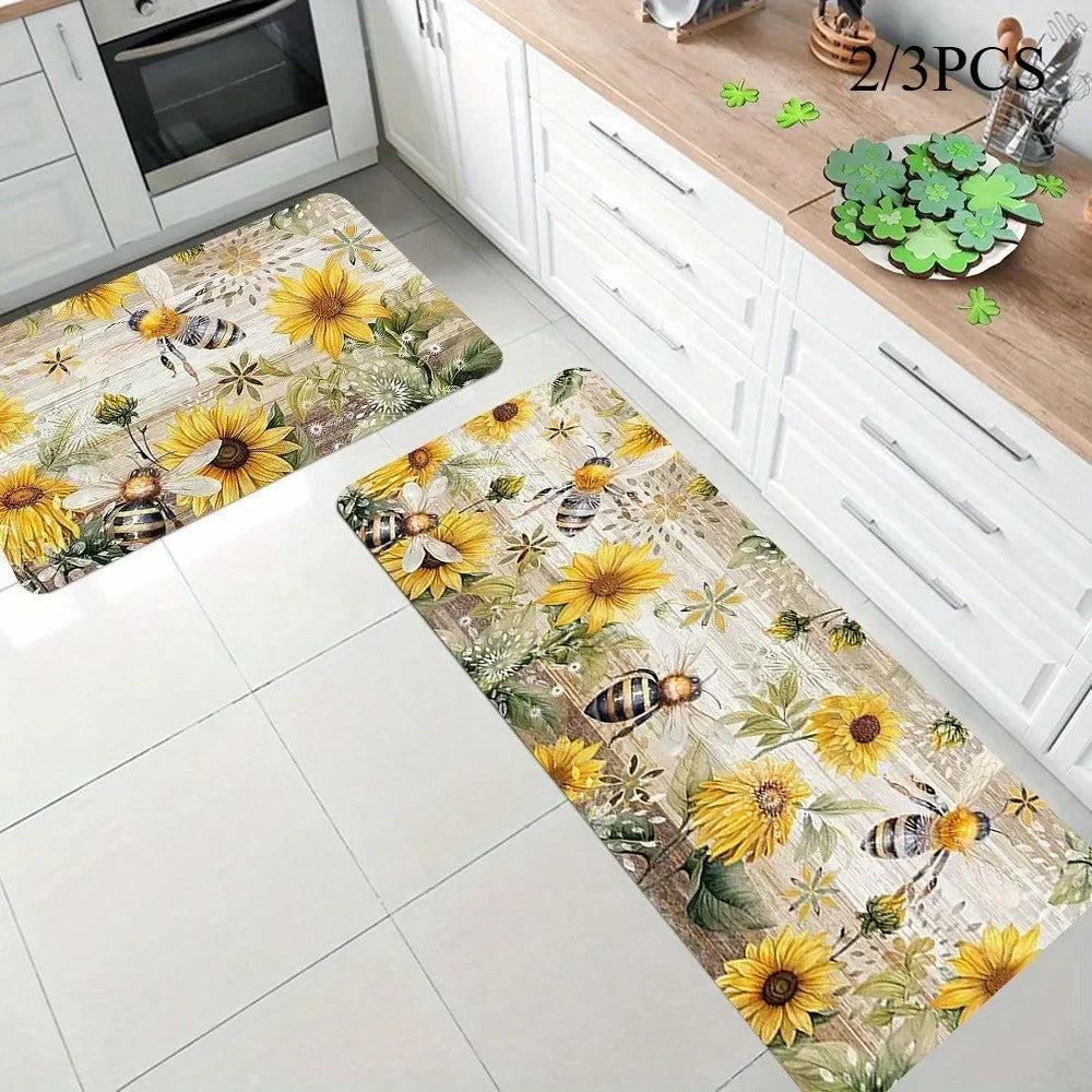 Bohemian Kitchen Mats, Bees and Sunflowers, Flannel Material with Anti-slip,