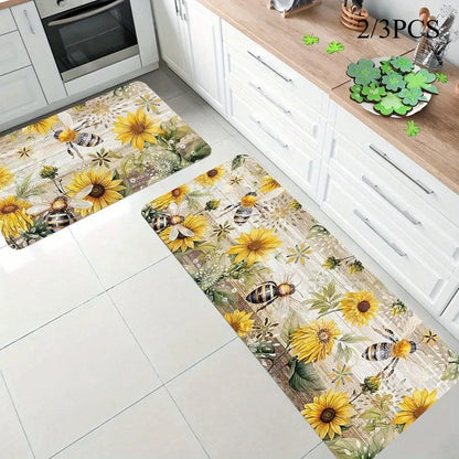 Bohemian Kitchen Mats, Bees and Sunflowers, Flannel Material with Anti-slip,